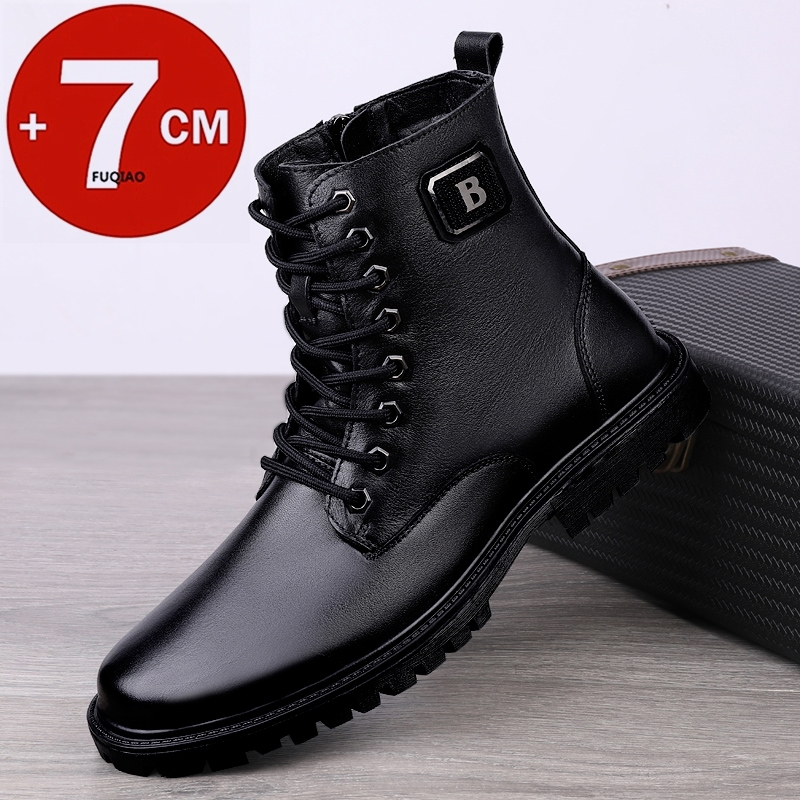 Mens Formal - メンズ本革エレベーターブーツ 冬用暖かい裏地付きジップアップアンクルブーツ 7cm隠し身長アップ ビジネスフォーマルカジュアル用