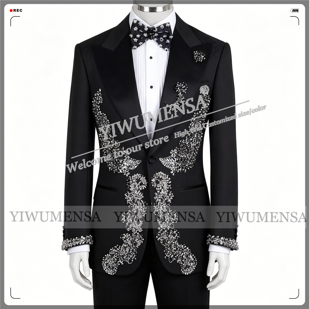 Men'S Formal Wear No Suit - 男性用限定ウェディングスーツ スリムフィット ビーズストーンジャケット パンツ 2ピースセット 新郎フォーマルウェア