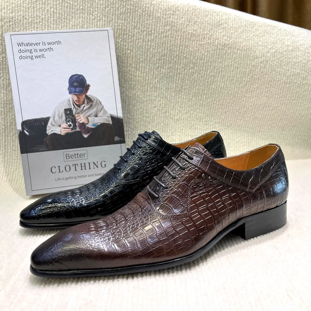Men'S Formal Office Wear Shoes - イタリアの高級メンズポインテッドトゥオックスフォードシューズブラックコーヒーレザーレースアップドレスシューズ結婚式オフィスビジネスフォーマルウェア