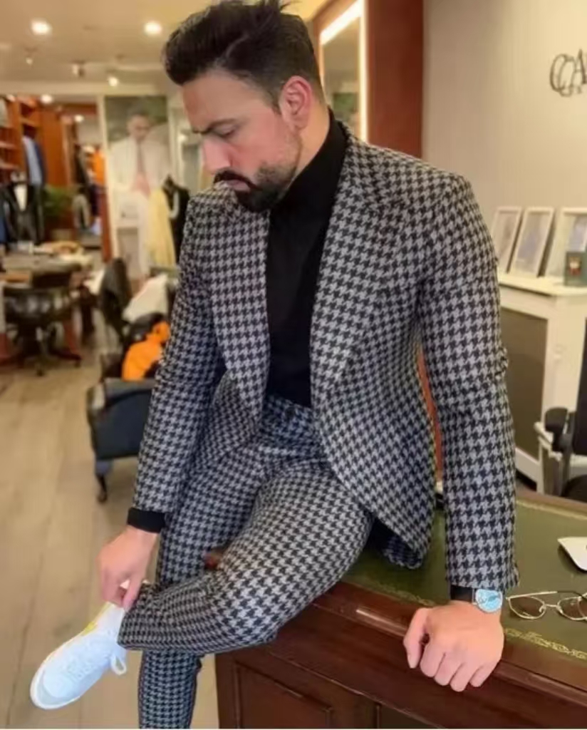 Men'S Vintage Formal Wear - 千鳥格子柄ヴィンテージメンズスーツ、ピークラペル、2ピースブレザーとパンツセット、スタイリッシュな格子柄男性用フォーマルウェア、宴会や結婚式に