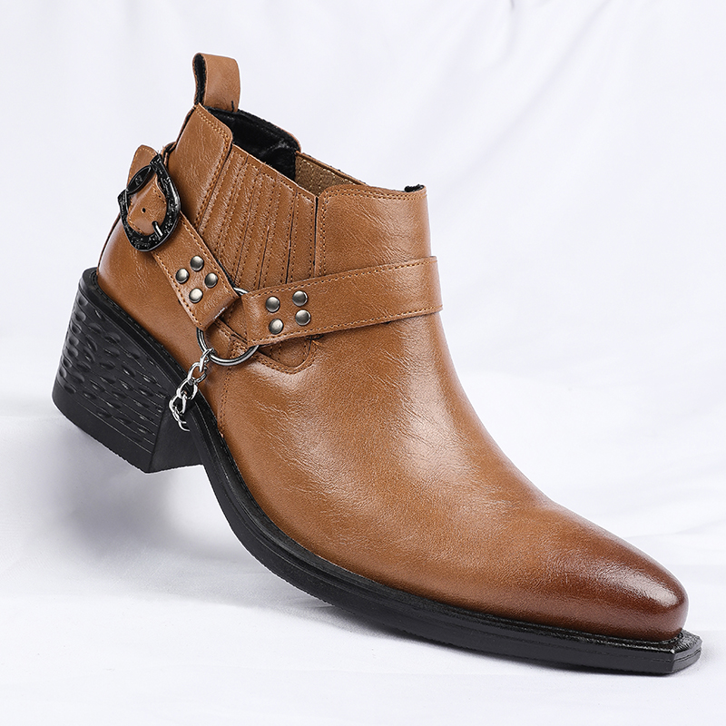 Mens Formal - 新しいブラウン/ブラック牛革ブーツ金属チェーンデザインメンズブーツハイヒールエレベーターシューズビジネスフォーマル結婚式の靴