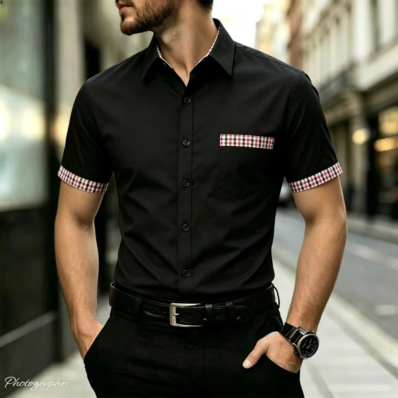 Men Formal Office Wear Shirts - メンズの半袖シャツ。チェック柄の縁取り襟、スリムフィットでカジュアルにも使える袖ポケット、フォーマルなボタンアップトップス。