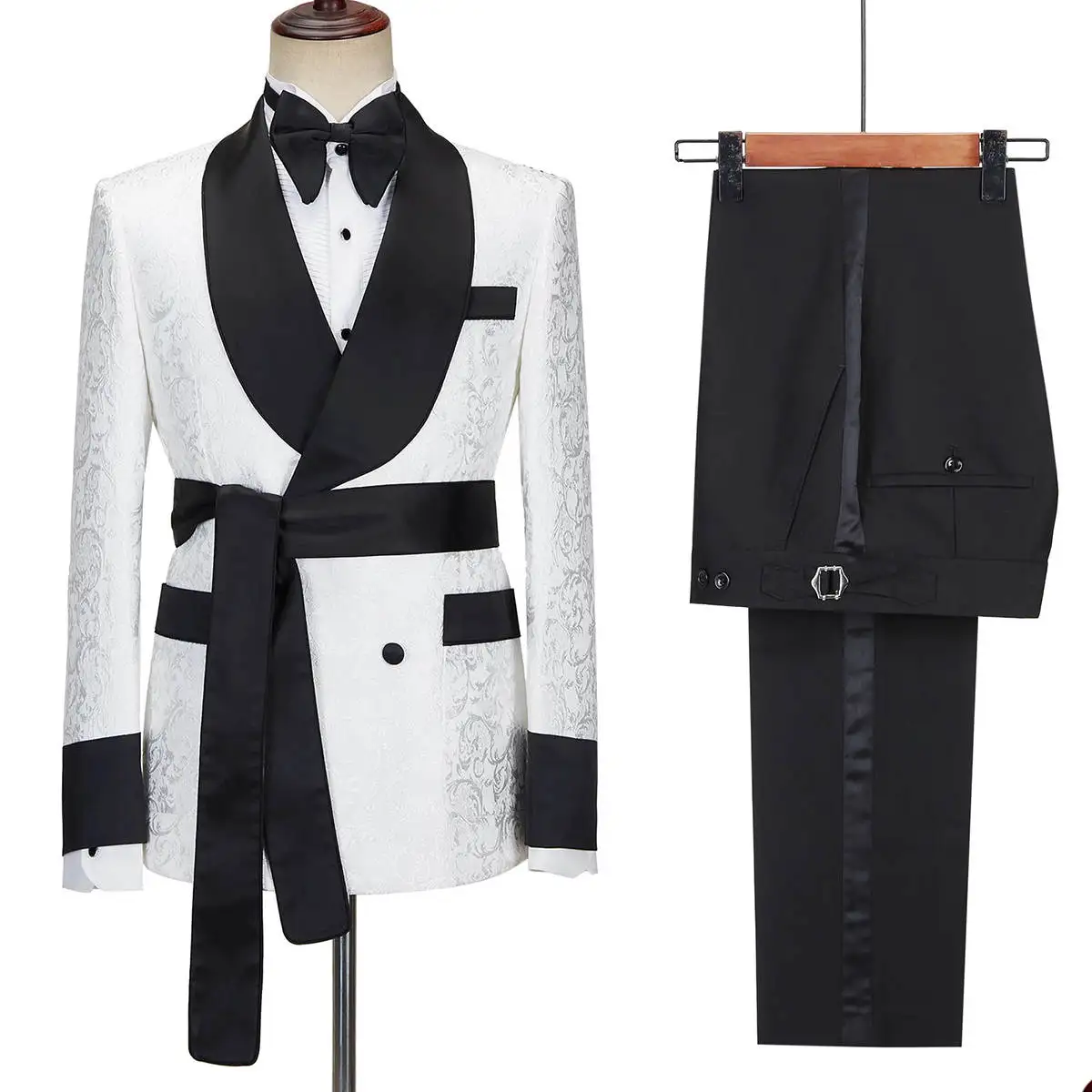 Men'S Formal Wear Belt - 最新デザインメンズホワイト花柄 2 ピーススーツ (ブレザー + パンツ