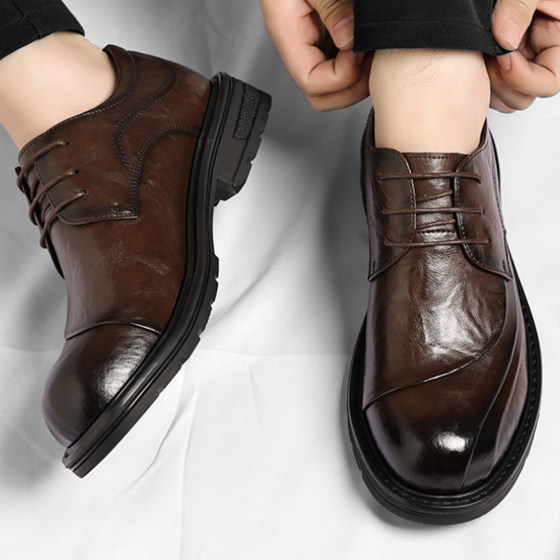 Men'S Formal Office Wear Shoes - ブラウンの艶出し本革レースアップチャンキーソールフォーマルビジネスオフィス新郎結婚式日常着靴ファッション快適
