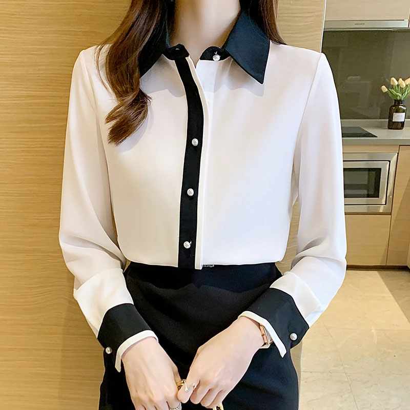 Men'S Formal Wear Accessories - 女性用ホワイトシフォンシャツ韓国シックなシングルブレストコントラストラペルオフィスレディシャツカジュアルオールマッチ職業ブラウス