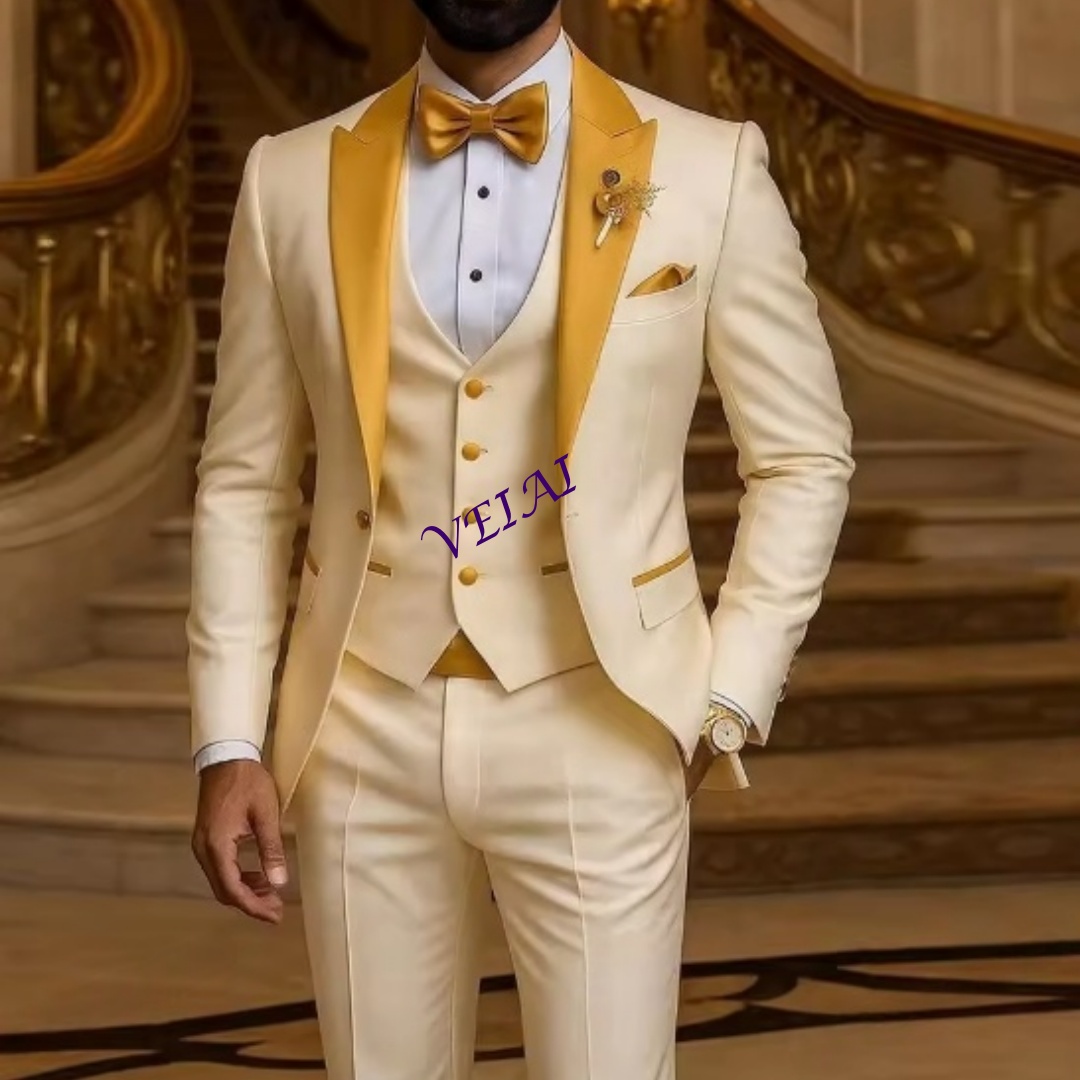 Men'S Formal Wear Accessories - カスタムゴールドカラー アイボリー メンズスーツ 結婚式 パーティー フォーマル