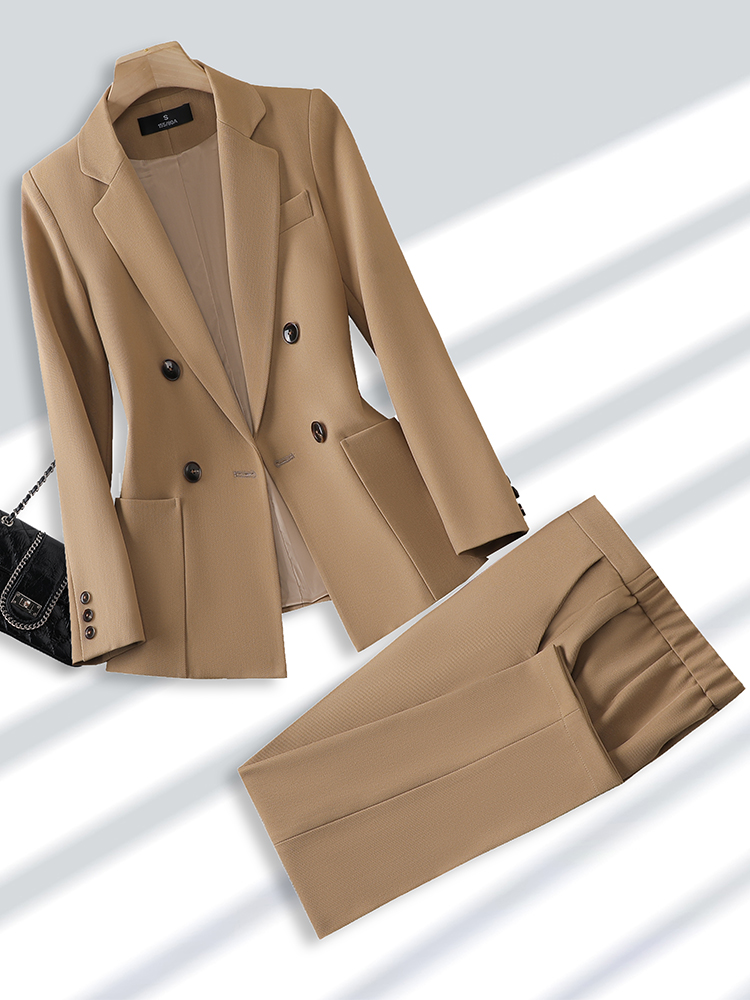 Men Formal Office Wear Shirts - 女性のためのブレザーとズボンのスーツ、オフィス、ビジネス、仕事のためのフォーマルなパンツスーツ、女性のファッション、ベージュ、黒、カーキ、ポケット付き2ピースセット
