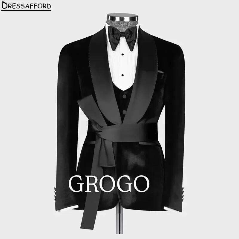 Men'S Formal Wear No Suit - 黒のソリッドフォーマルウェディングスーツベルト付きメンズビジネススーツ 3 ピースジャケットベストパンツ男性タキシード新郎着用