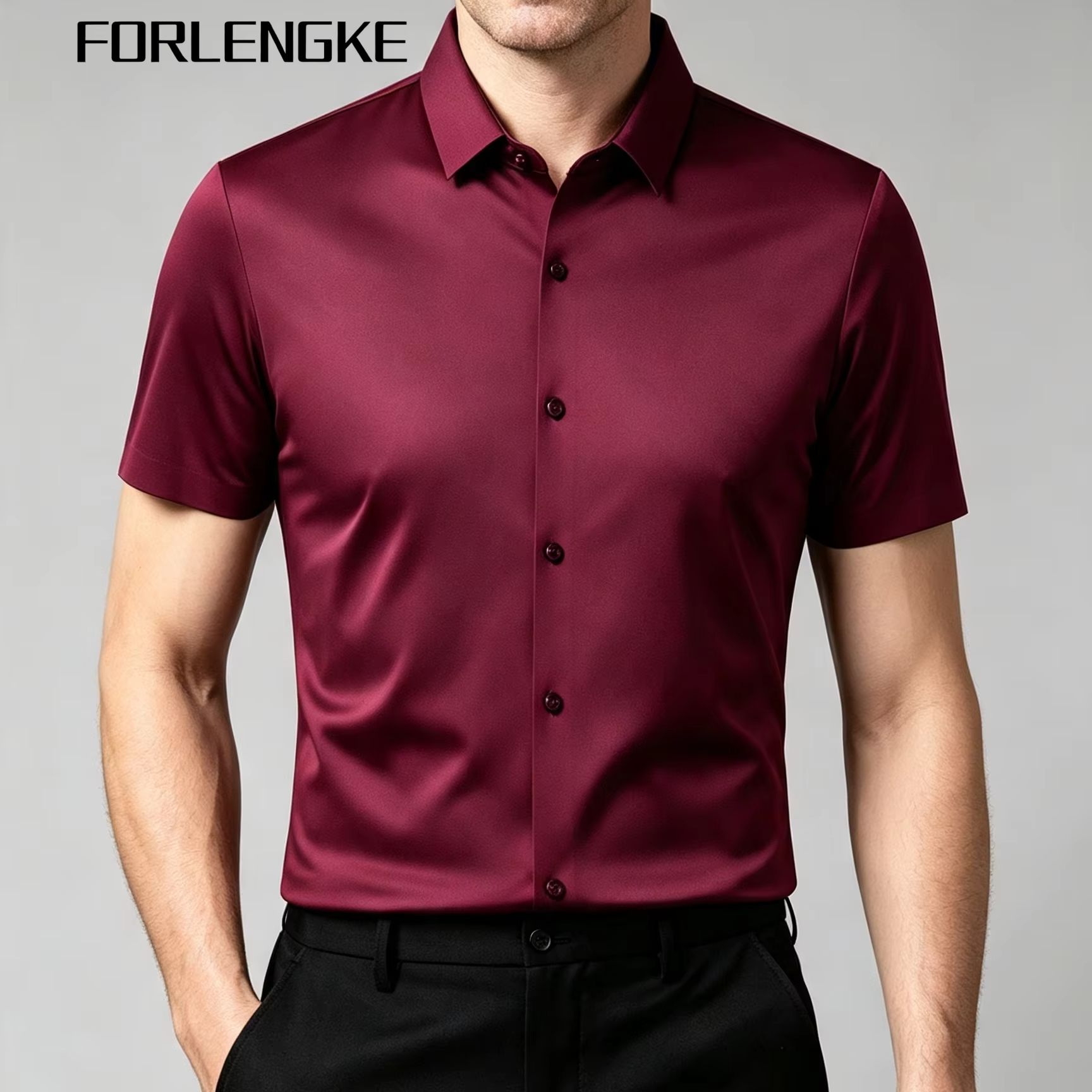 Men Formal Office Wear Shirts - FORLENGKE メンズ ビジネス ソリッド 半袖シャツ、夏のオフィス、結婚式、日常着に最適なファッションソフトで滑らかなフォーマルシャツ