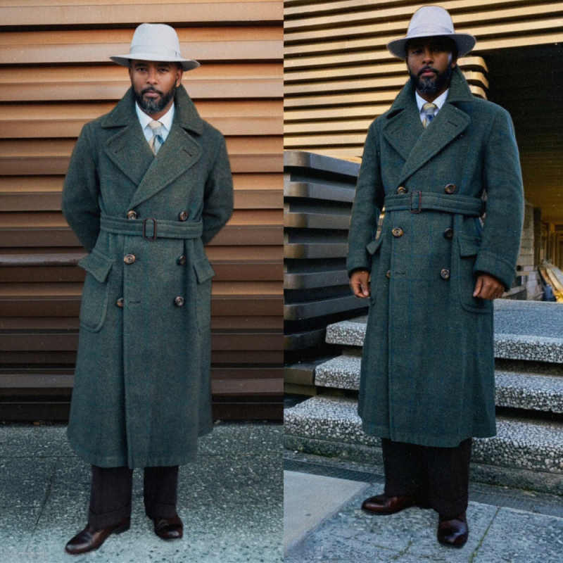 Men'S Formal Wear No Suit - 優雅なメンズオーバーコート 1ピース ダブルブレスト ピークドラペル ベルト付きコート アウターウェア