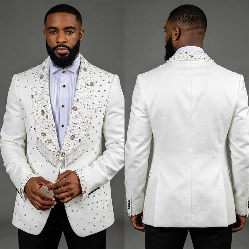 高級ホワイトラインストーンタッセル付きメンズスーツ2ピースセ - Men'S Formal Wear No Suit のレビューと価格