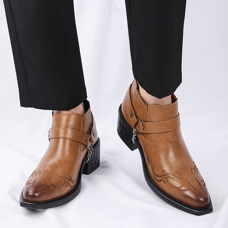 新しいブラウン/ブラック牛革ブーツ金属チェーンデザインメンズ - Mens Formal のレビューと価格