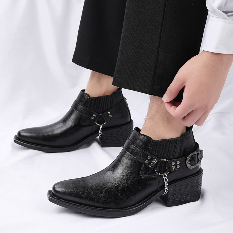 新しいブラウン/ブラック牛革ブーツ金属チェーンデザインメンズ - Mens Formal のレビューと価格