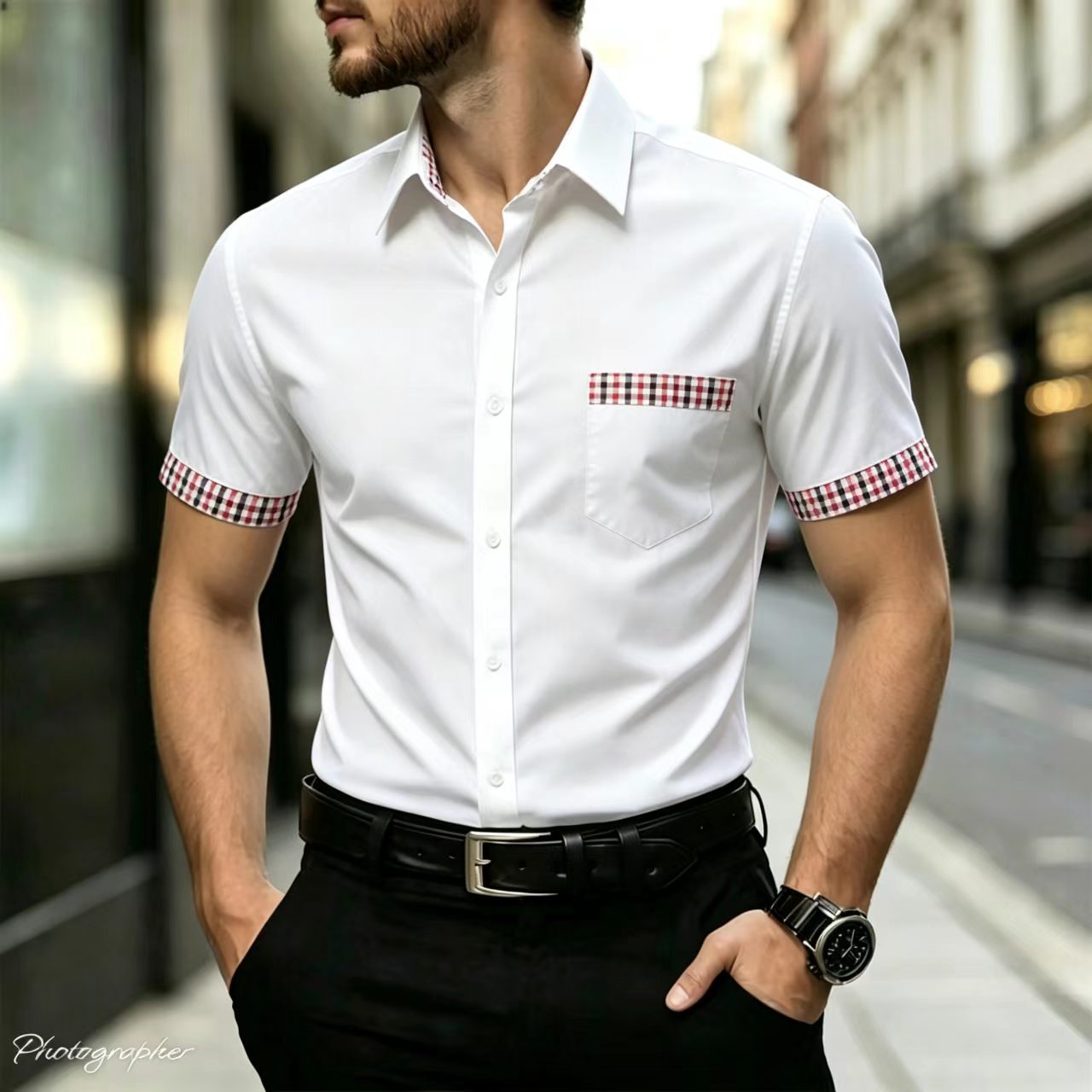 メンズの半袖シャツ。チェック柄の縁取り襟、スリムフィットでカ - Men Formal Office Wear Shirts のレビューと価格