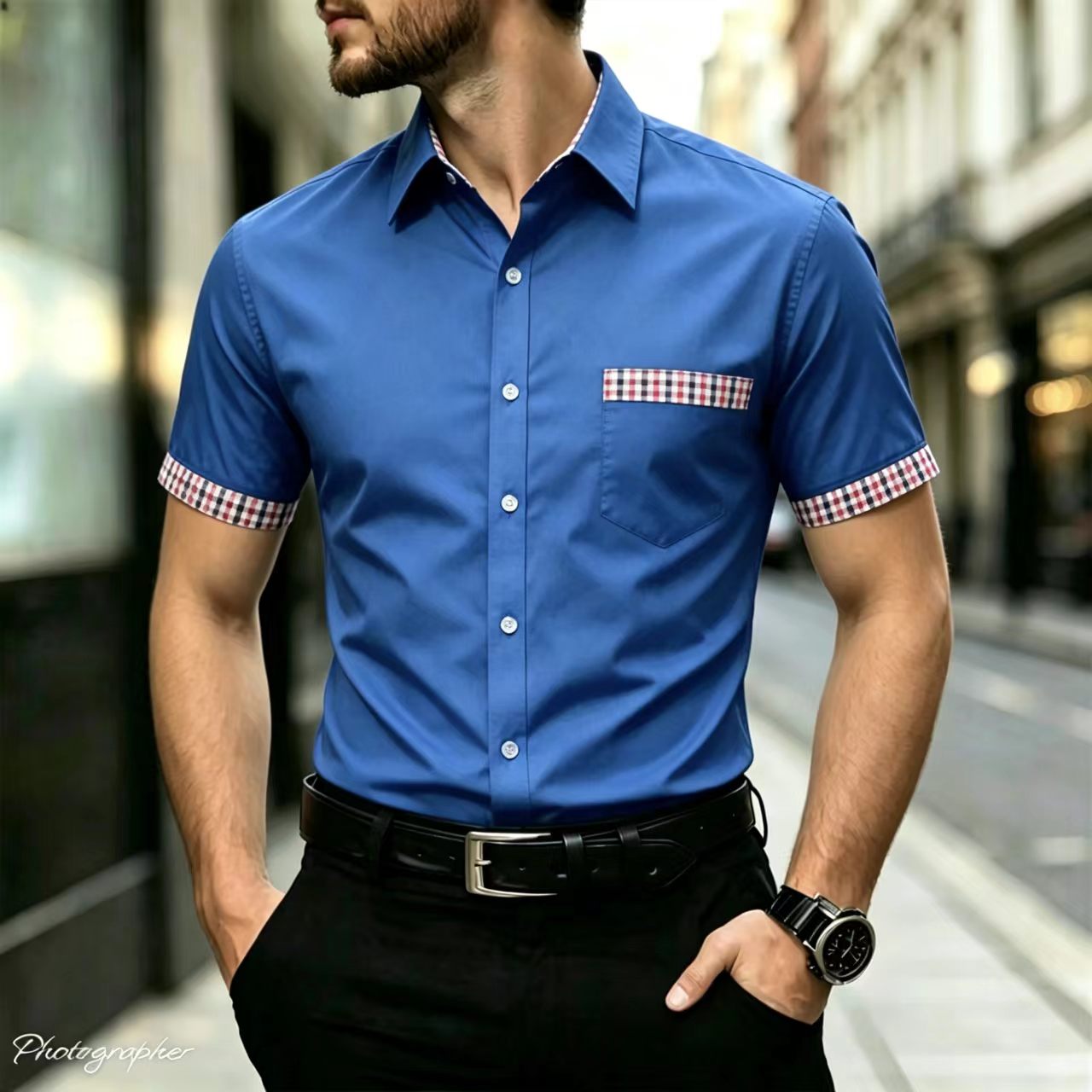 メンズの半袖シャツ。チェック柄の縁取り襟、スリムフィットでカ - Men Formal Office Wear Shirts のレビューと価格
