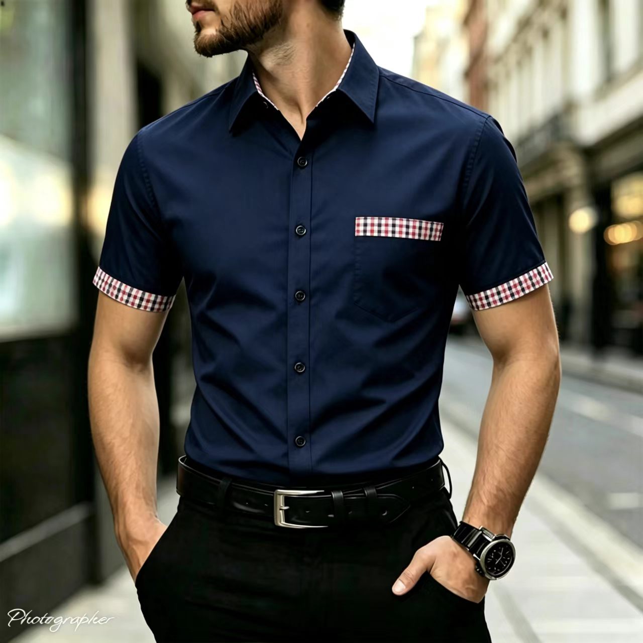 メンズの半袖シャツ。チェック柄の縁取り襟、スリムフィットでカ - Men Formal Office Wear Shirts のレビューと価格