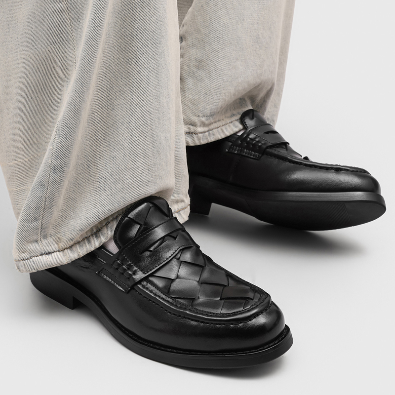 男性手作り織り込みペニーローファー ブラック ローヒール フ - Men'S Formal Office Wear Shoes のレビューと価格