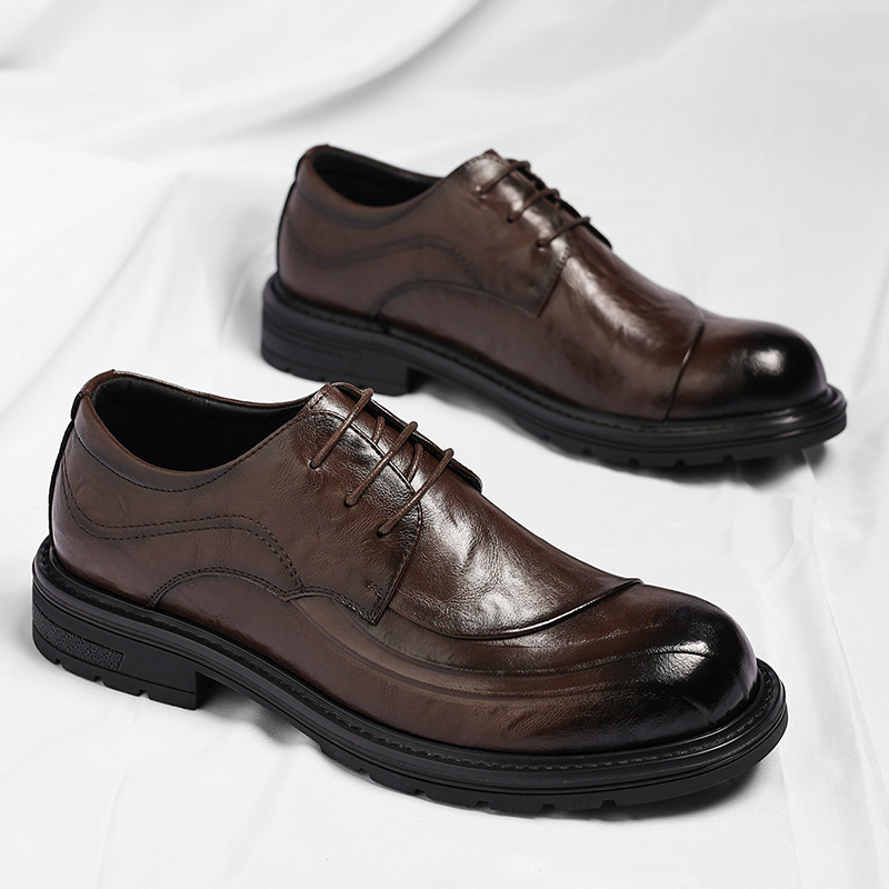 ブラウンの艶出し本革レースアップチャンキーソールフォーマルビ - Men'S Formal Office Wear Shoes のレビューと価格