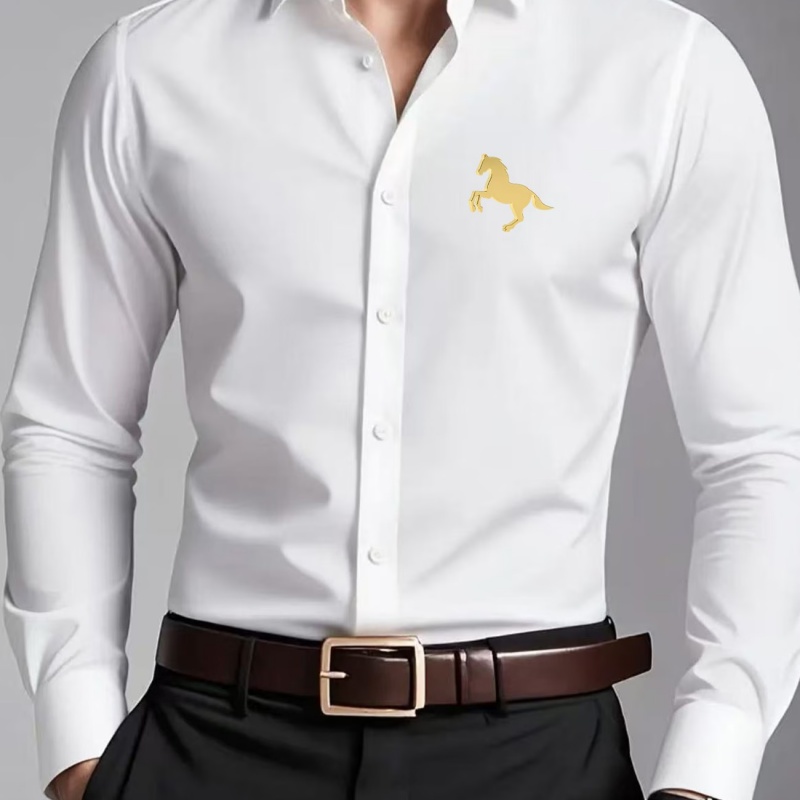 エレガントな金馬ロゴプリントメンズシャツ、スリムフィット長袖 - Men Formal Office Wear Shirts のレビューと価格