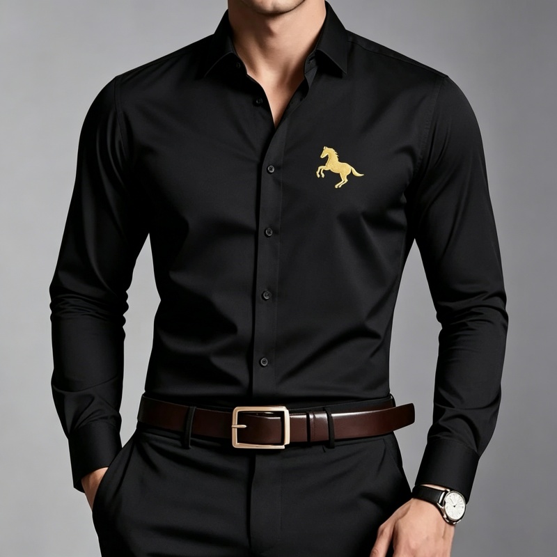 エレガントな金馬ロゴプリントメンズシャツ、スリムフィット長袖 - Men Formal Office Wear Shirts のレビューと価格