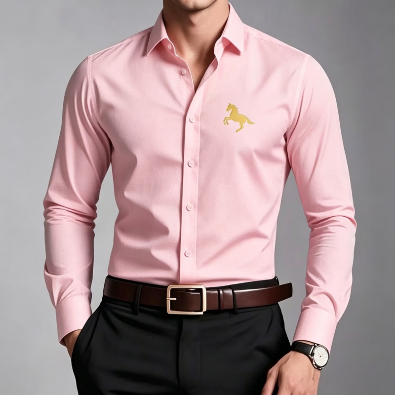 エレガントな金馬ロゴプリントメンズシャツ、スリムフィット長袖 - Men Formal Office Wear Shirts のレビューと価格