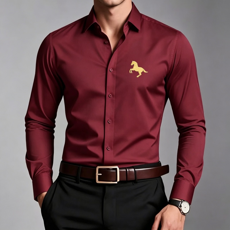 エレガントな金馬ロゴプリントメンズシャツ、スリムフィット長袖 - Men Formal Office Wear Shirts のレビューと価格