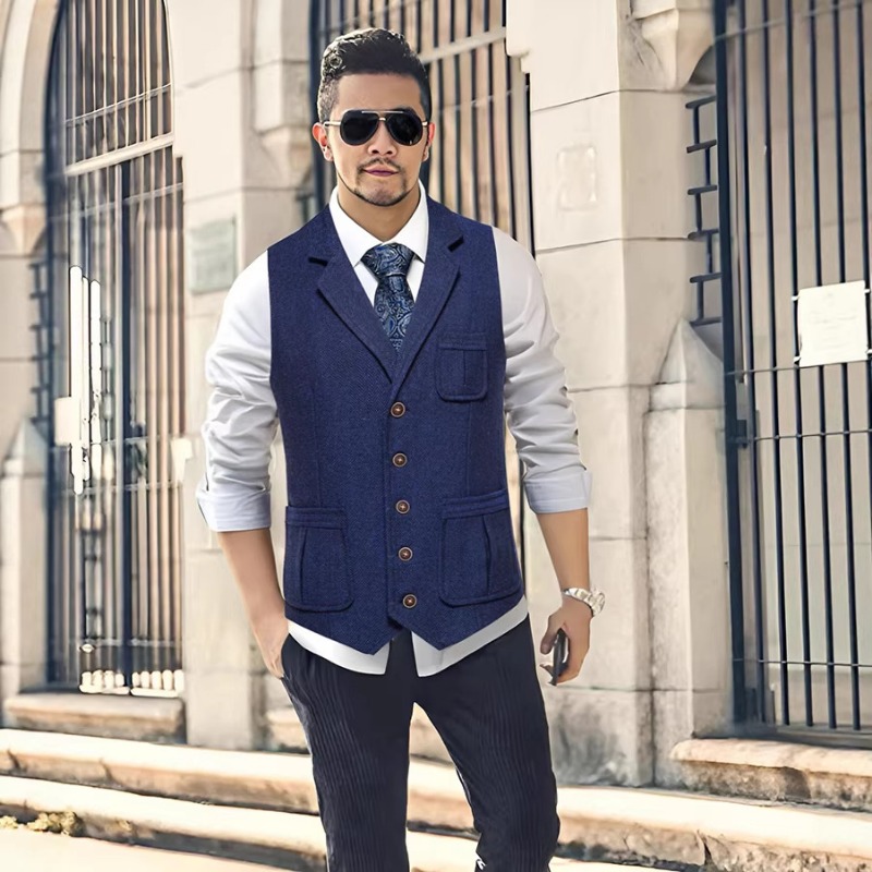 メンズヘリンボーンツイードスーツベストノッチドラペルシングル - Men'S Formal Wear No Suit のレビューと価格