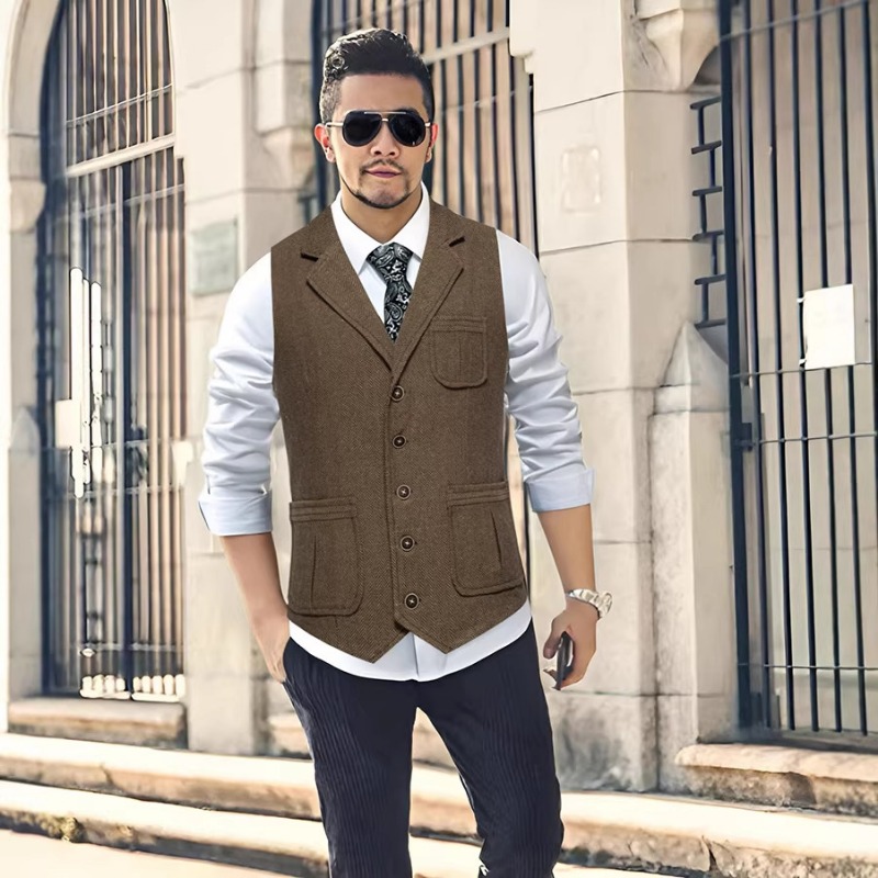 メンズヘリンボーンツイードスーツベストノッチドラペルシングル - Men'S Formal Wear No Suit のレビューと価格