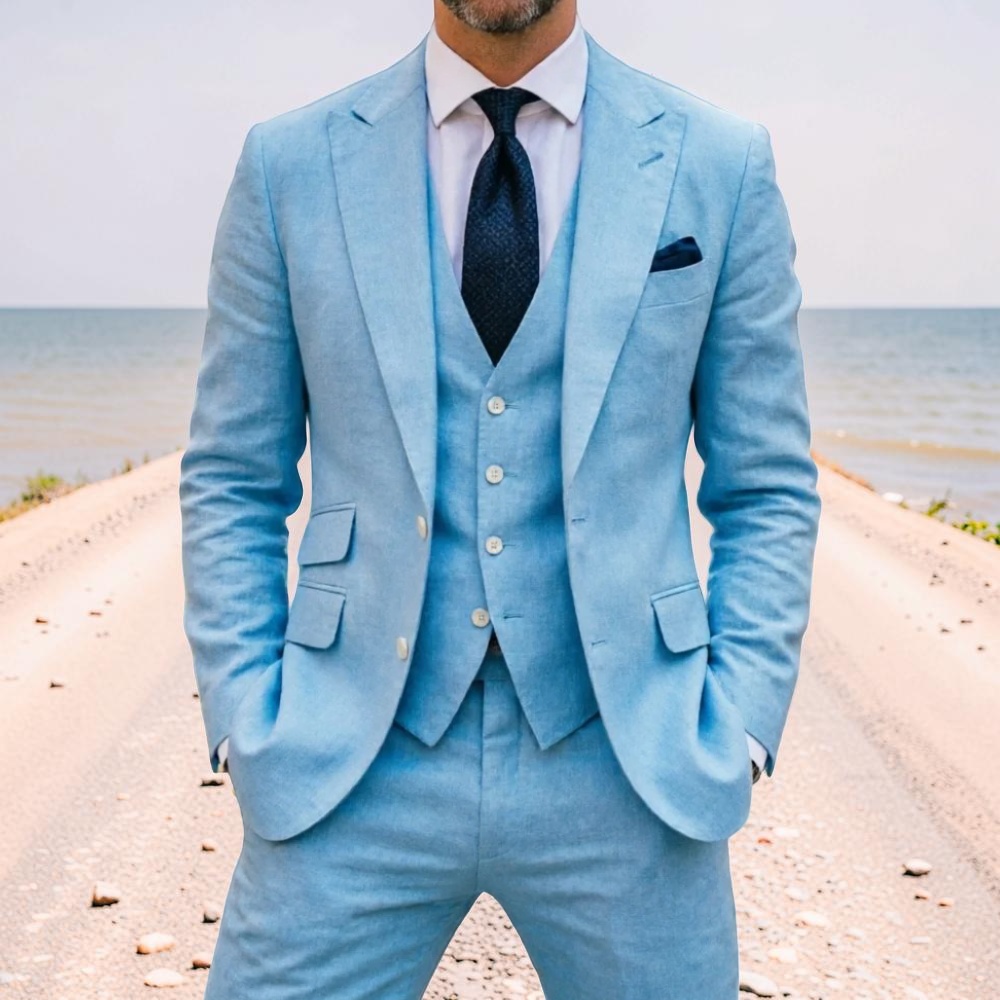 スカイブルーリネンメンズウェディングタキシード3ピースプロム - Men'S Formal Wear No Suit のレビューと価格