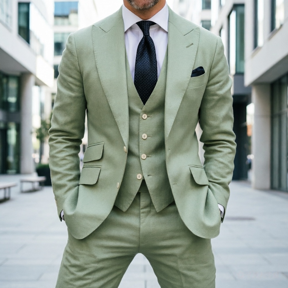 スカイブルーリネンメンズウェディングタキシード3ピースプロム - Men'S Formal Wear No Suit のレビューと価格
